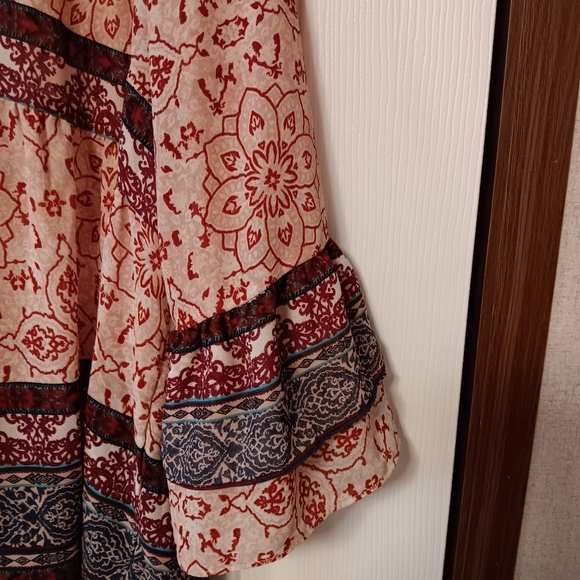 Knox Rose Burgundy Mix Boho Print Semi Sheer Ruffled 3/4 Sleeve & Tiered Hem XXL - Picture 2 of 8